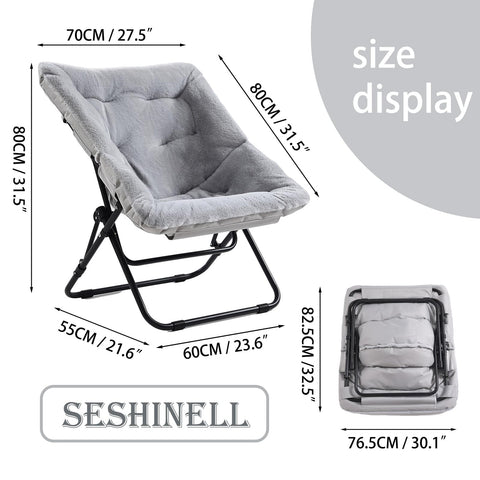 SESHINELL Comfy Saucer Lounge Chair, Oversized Foldable Faux Fur Moon Chair for Bedroom, Living Room, Dorm Rooms, Grey