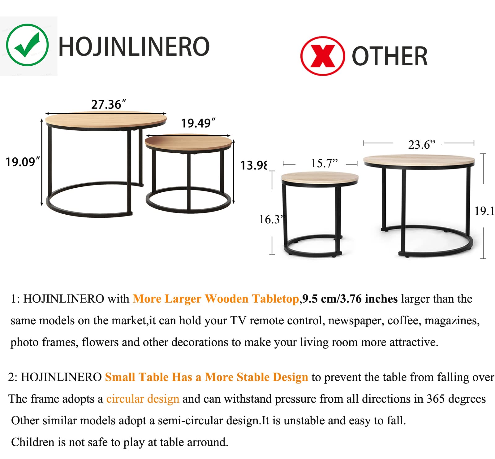 HOJINLINERO Round Nesting Coffee Table Set of 2 End Table for Living Room,69.5x49cm Industrial Stacking Side Table for Living Room/Bedroom/Small