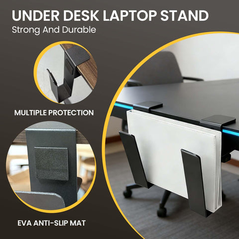 Wovella Adjustable Under Desk Laptop Stand, Metal Hanging Undershelf Clamp, No Drilling Laptop Organizer for Office and Home