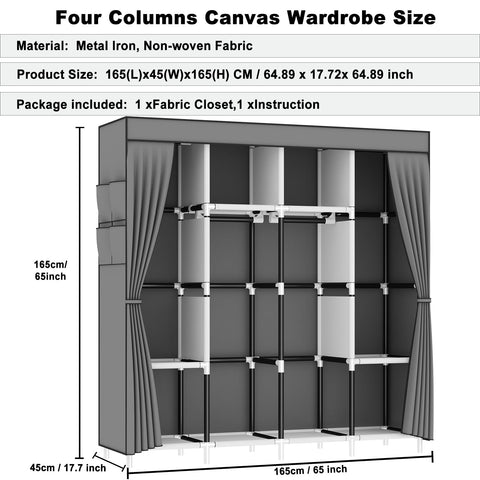 OPPAIYA Canvas Wardrobe, Fabric Wardrobes with 4 Hanging Rails, 4 Compartments and 8 Side Pockets, Zippered Pop Up Wardrobe