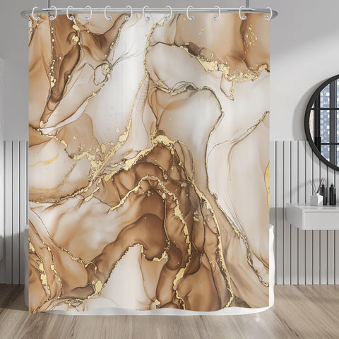 Hnmdmyi Marble Shower Curtain 180x180, Brown Gold Abstract Marble Bathroom Curtains Luxury Modern Aesthetic Art Ink Texture Waterproof Polyester