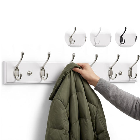 LARHN White Wall-Mounted Coat Rack - 6 Matt-Nickel Coat Hooks, 59cm