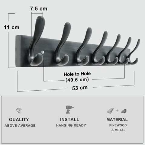 HONSKY Wall Coat Rack, 53cm Wooden Coat Hanger with 7 Double Hooks,Wall Coat Hook,Towel Rack Hanging Coat,Towel,Bag for Entryway, Hallway, Bedroom
