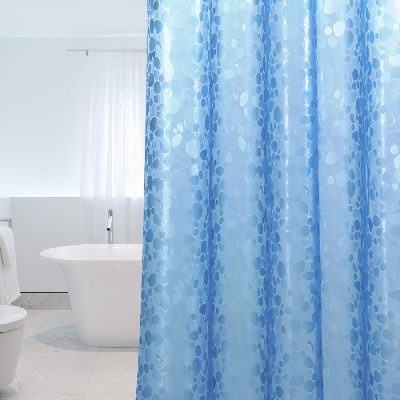 WELTRXE Shower Curtains, Mould Proof Mildew Resistant, Waterproof Shower Curtain Liner, 3D Effect Blue Pebble EVA Bath Curtain with Magnets