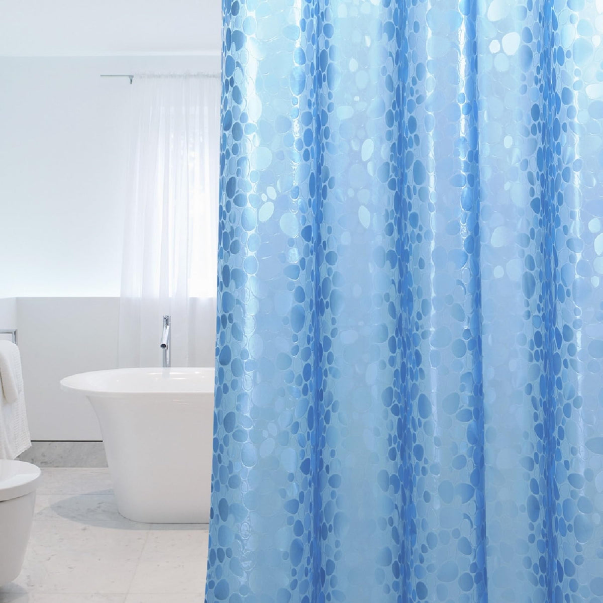 WELTRXE Shower Curtains, Mould Proof Mildew Resistant, Waterproof Shower Curtain Liner, 3D Effect Blue Pebble EVA Bath Curtain with Magnets