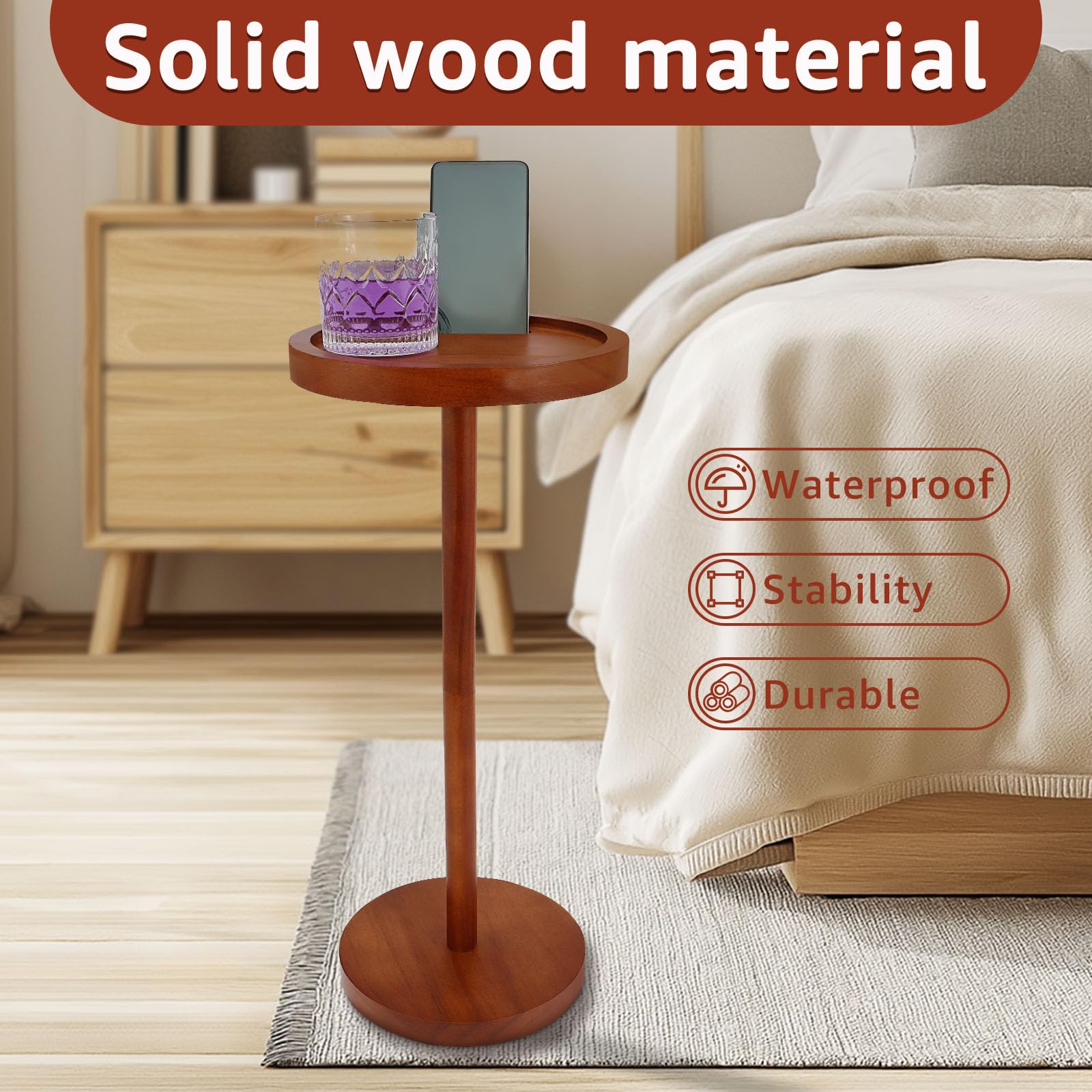 Pedestal Side Table Wooden Small Round Coffee Tables with Phone Holder and Weighted Base Enduring Pedestal End Table Snack Desk for Small Spaces
