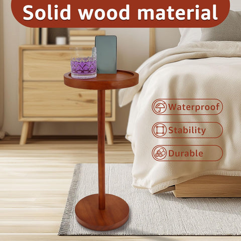 Pedestal Side Table Wooden Small Round Coffee Tables with Phone Holder and Weighted Base Enduring Pedestal End Table Snack Desk for Small Spaces