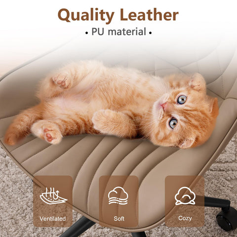 YOUTASTE Office Chair Adjustable, Ergonomic Desk Chair Armless PU Leather Swivel Chairs with Wheels for Home Office Computer, Modern, Khaki