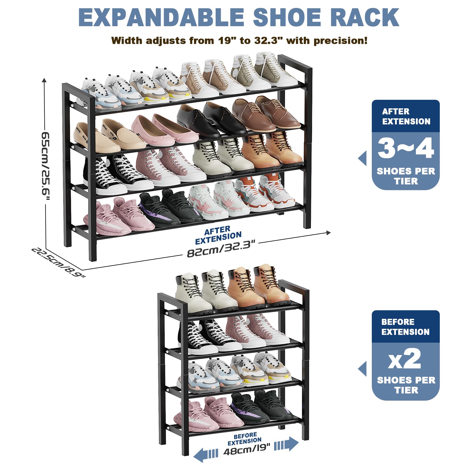 4 Tier Expandable Shoe Rack, Adjustable Metal Shoe Storage Organizer