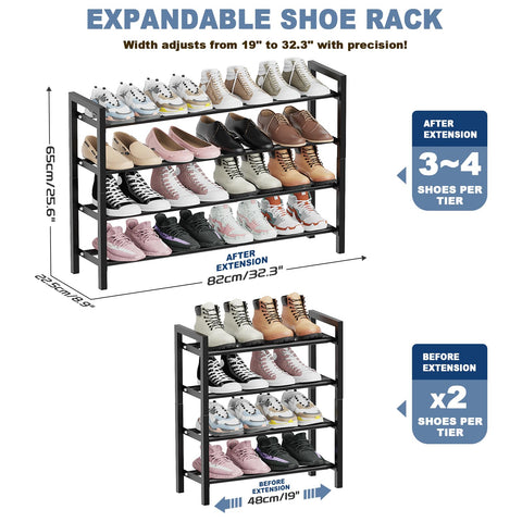 4 Tier Expandable Shoe Rack, Adjustable Metal Shoe Storage Organizer
