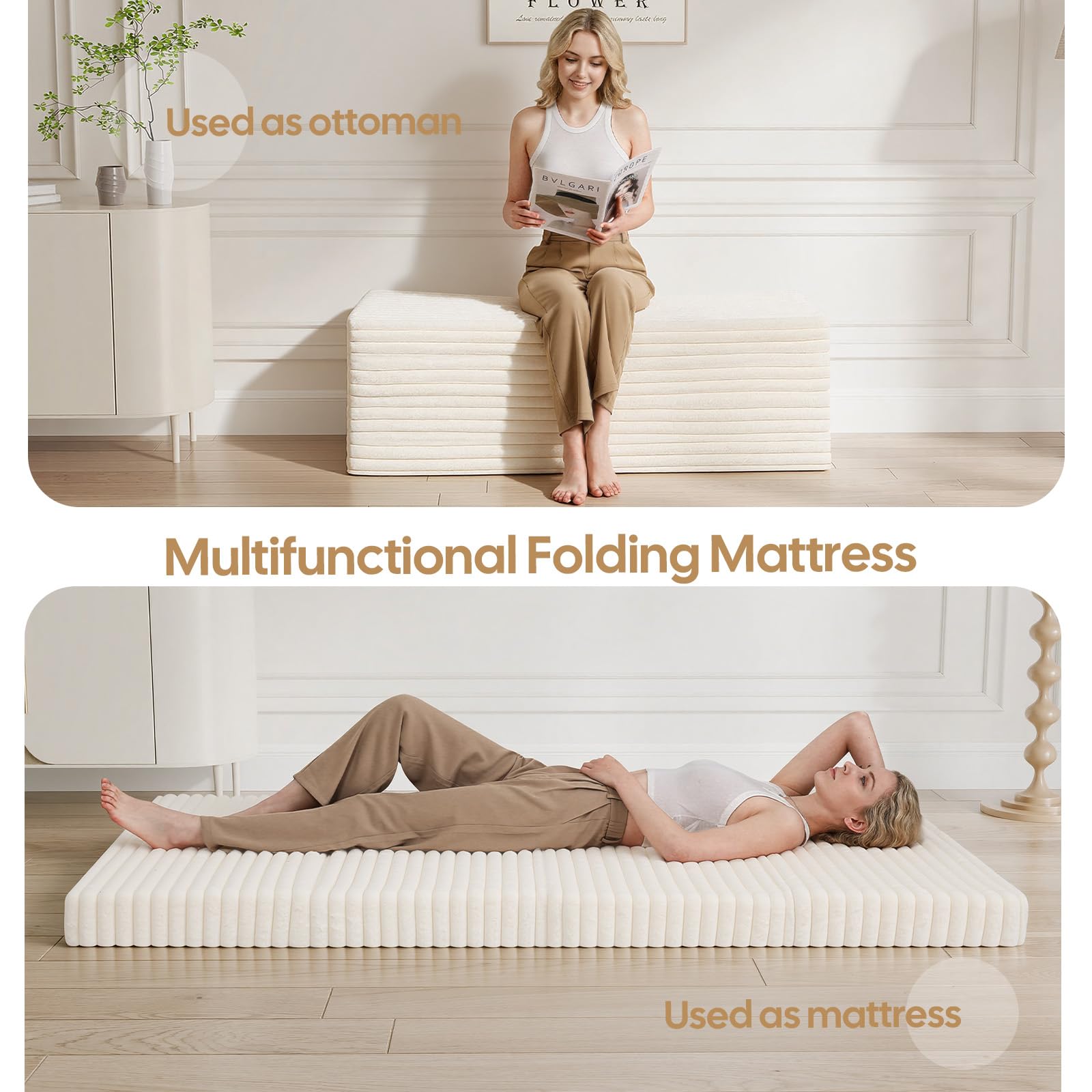 MeMoreCool Folding Floor Mattress 190x135cm, 4-Fold Foam Guest Bed, Beige
