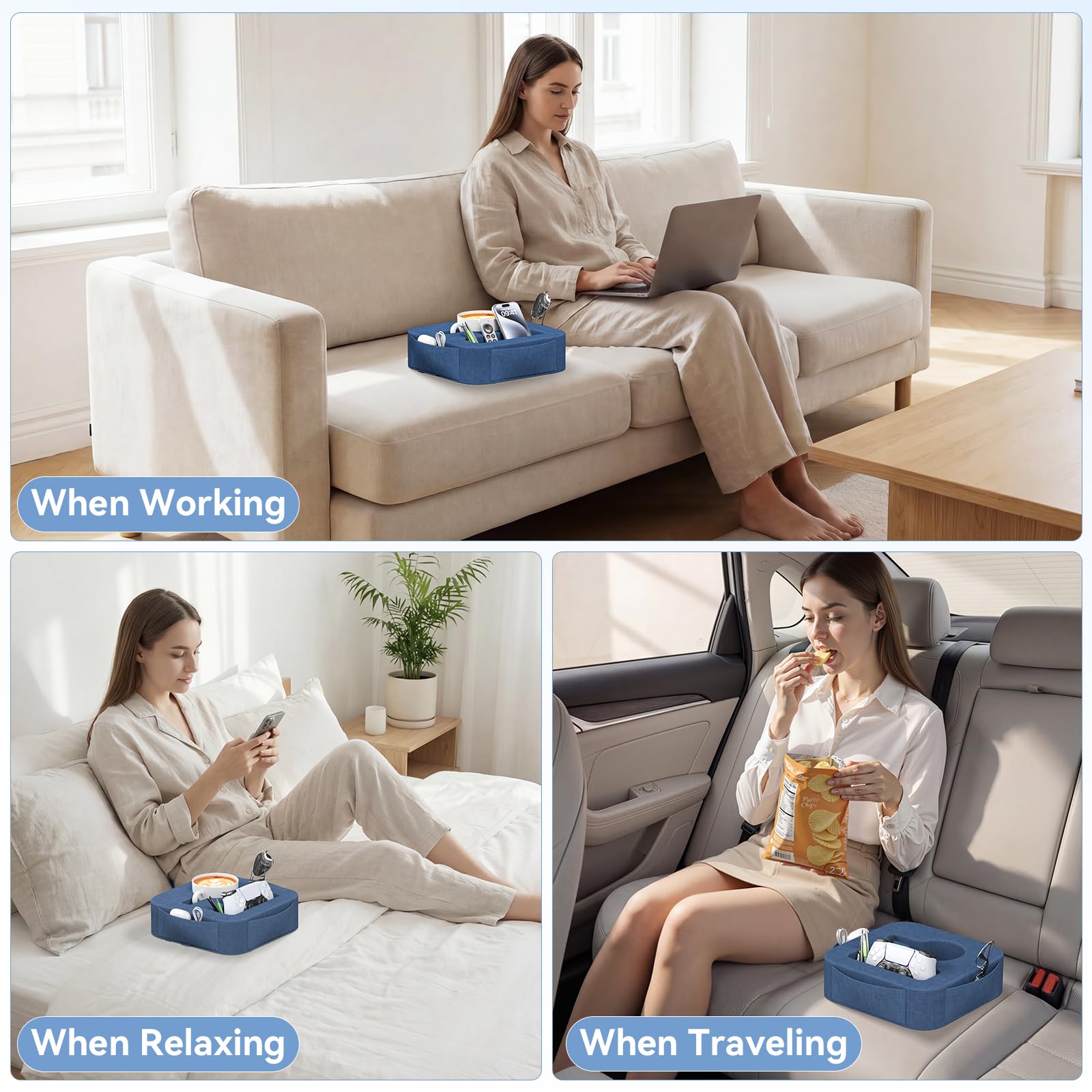 Couch Cup Holder Pillow, Multi-Function Sofa Armrest Organiser with Tablet Slot & Handle, Portable Couch Caddy for Remote Control, Drinks & Snacks