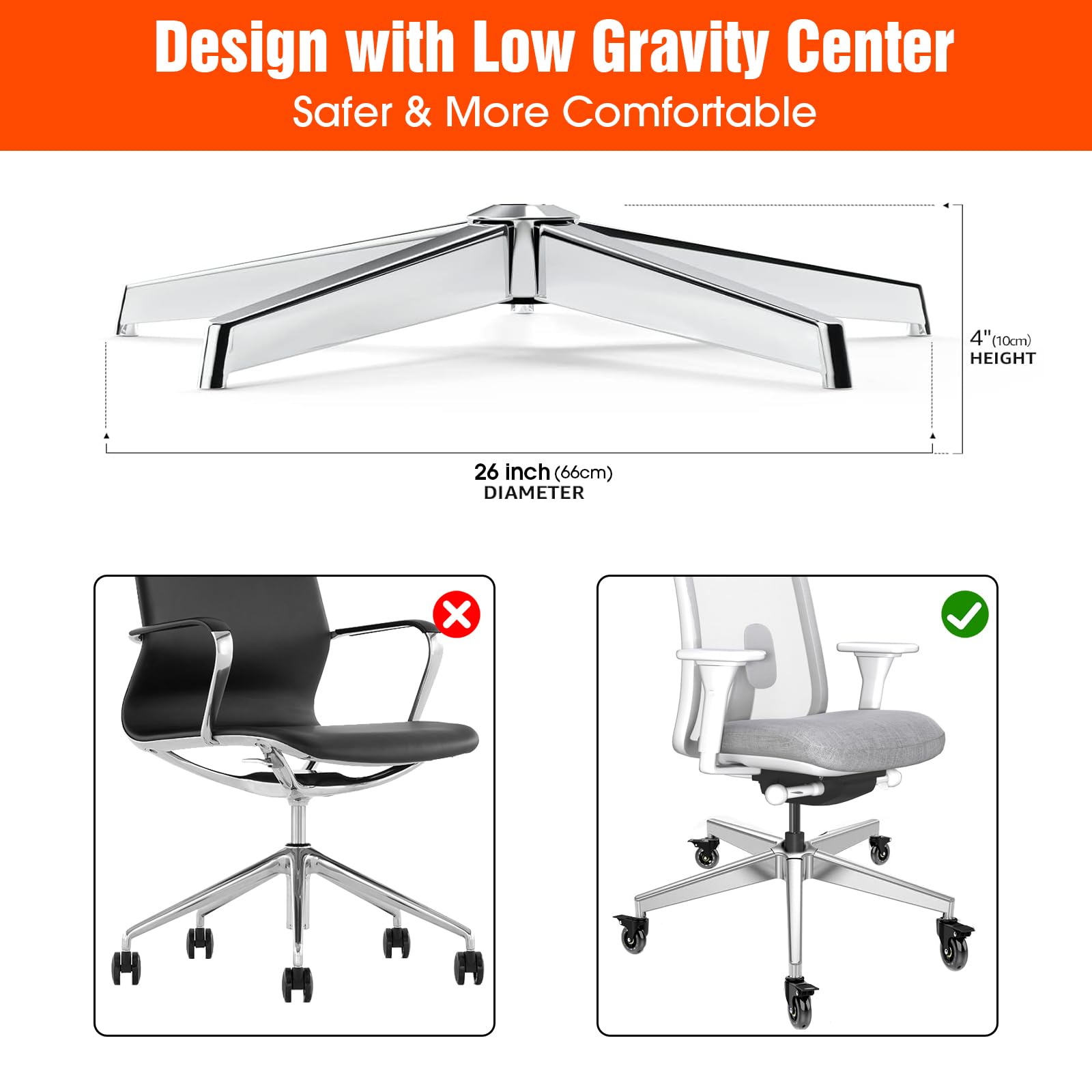 Office Chair Base Replacement PartsWith 5 Casters with Brakes(3300 lbs) - Heavy Alloy Office Chair Base Replacement, Universal Gas Cylinder