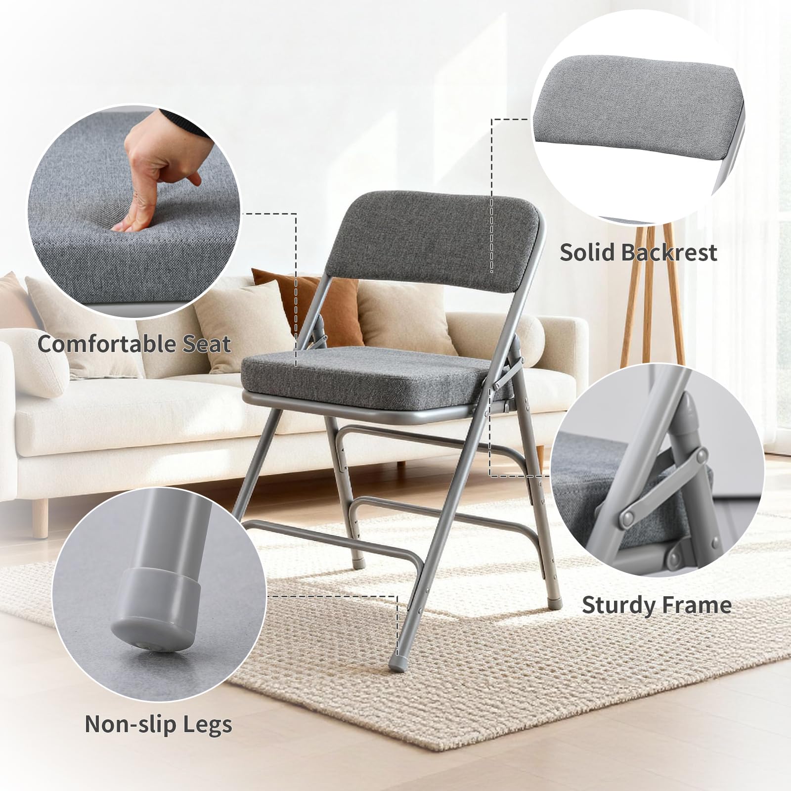 CHAIRABLE Padded Folding Chair with Thick Cushion, 1 Pack Grey