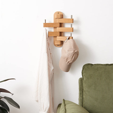 Swivel Coat Rack, Solid Oak Wood Coat Hooks with 5 Swivel Foldable Arms