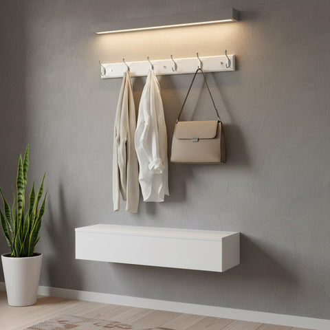 lomejii Long Wooden wall Mounted Coat Rack Wood White 6 Hooks, 70 cm, Sturdy Silver Coat Hook Rack for Clothes, Hats, Bags