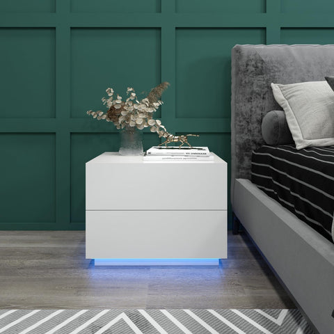 Meerveil Bedside Table, LED Bedside Cabinet with 2 Drawers High Gloss with USB Light 60x39x45cm for Bedroom Living Room, White