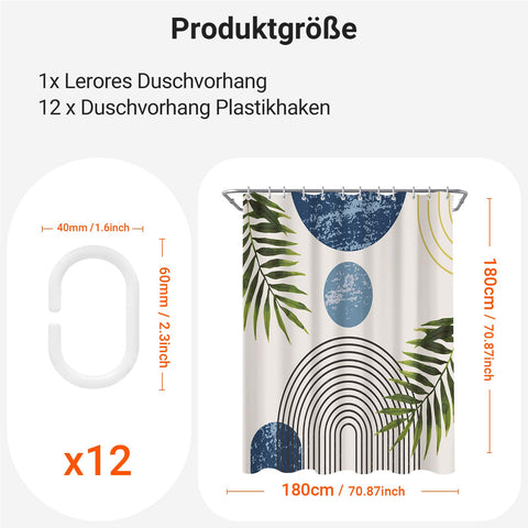 Lerores Shower Curtain, 180 x 180 cm, Blue Leaves Line, Weighted Hem, Anti-Mould Textile, Water-Repellent