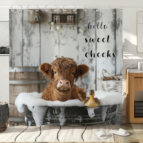Hnmdmyi Funny Highland Cow Shower Curtain 180x240, Farmhouse Western Animal Cattle Duck Bathing in Bubbly Bathtub Bathroom Curtains Waterproof