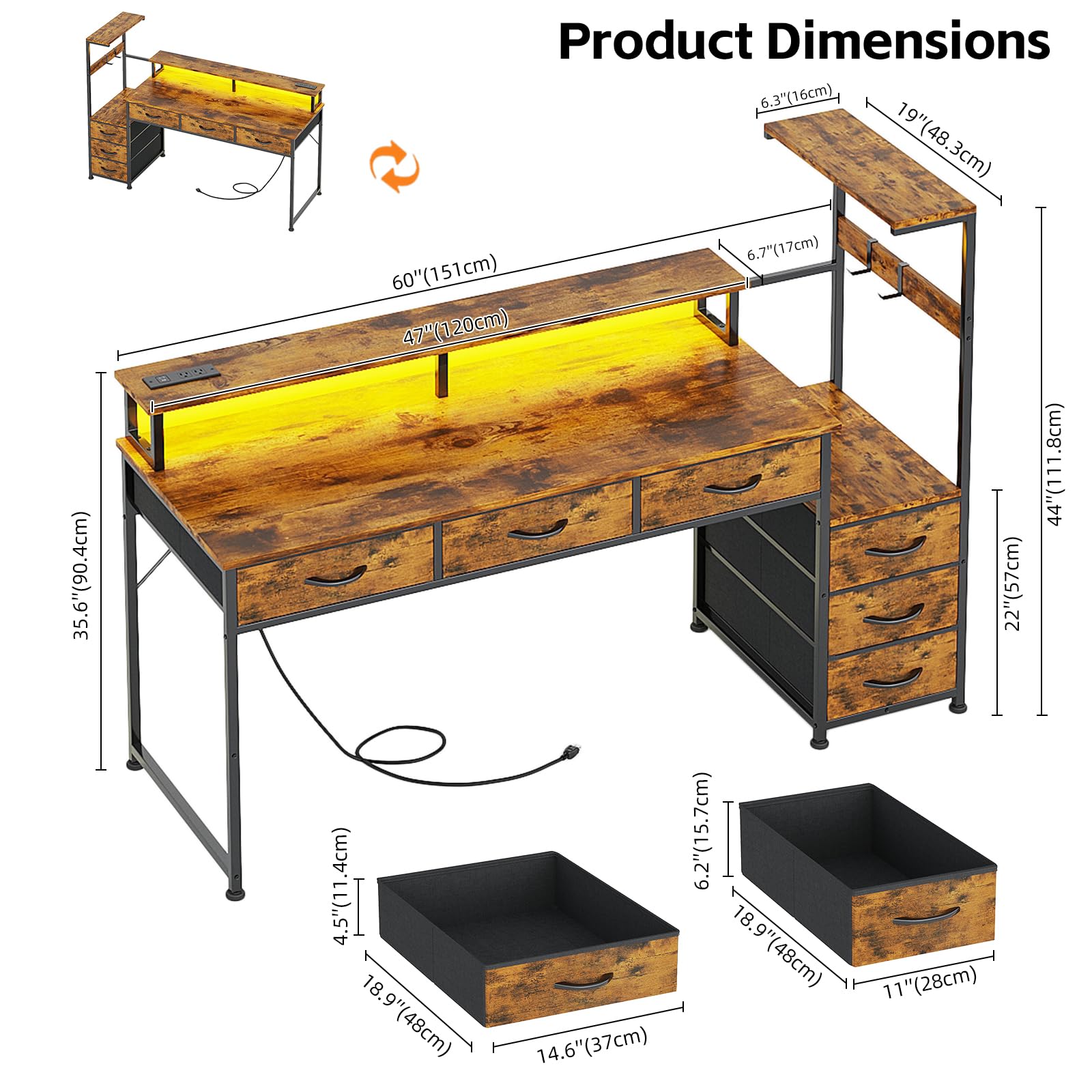 WEMANER 151cm Computer Desk with 6 Fabric Drawers, Reversible Home Office Desk with Printer Cabinet, Writing Desk with Monitor Stand & Power Outlets