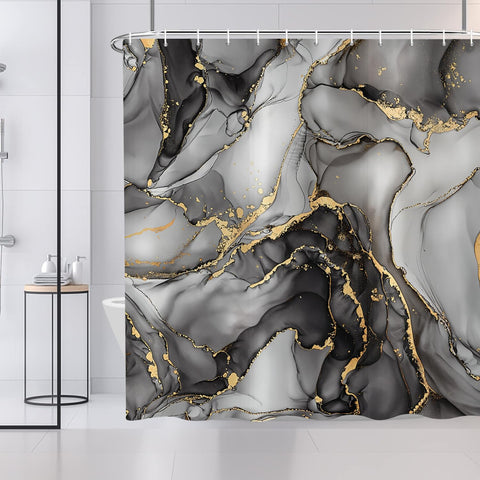 ASDCXZ Black Marble Shower Curtain 180x200 cm, Modern Abstract Art Gray Black Gold Marble Optics Texture Waterproof Bath Curtain Polyester Textile