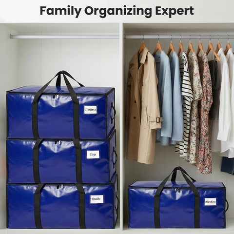 RICHER HOUSE 90L Heavy Duty Moving Boxes, Clothes Storage Bags, 4 Pack,Blue