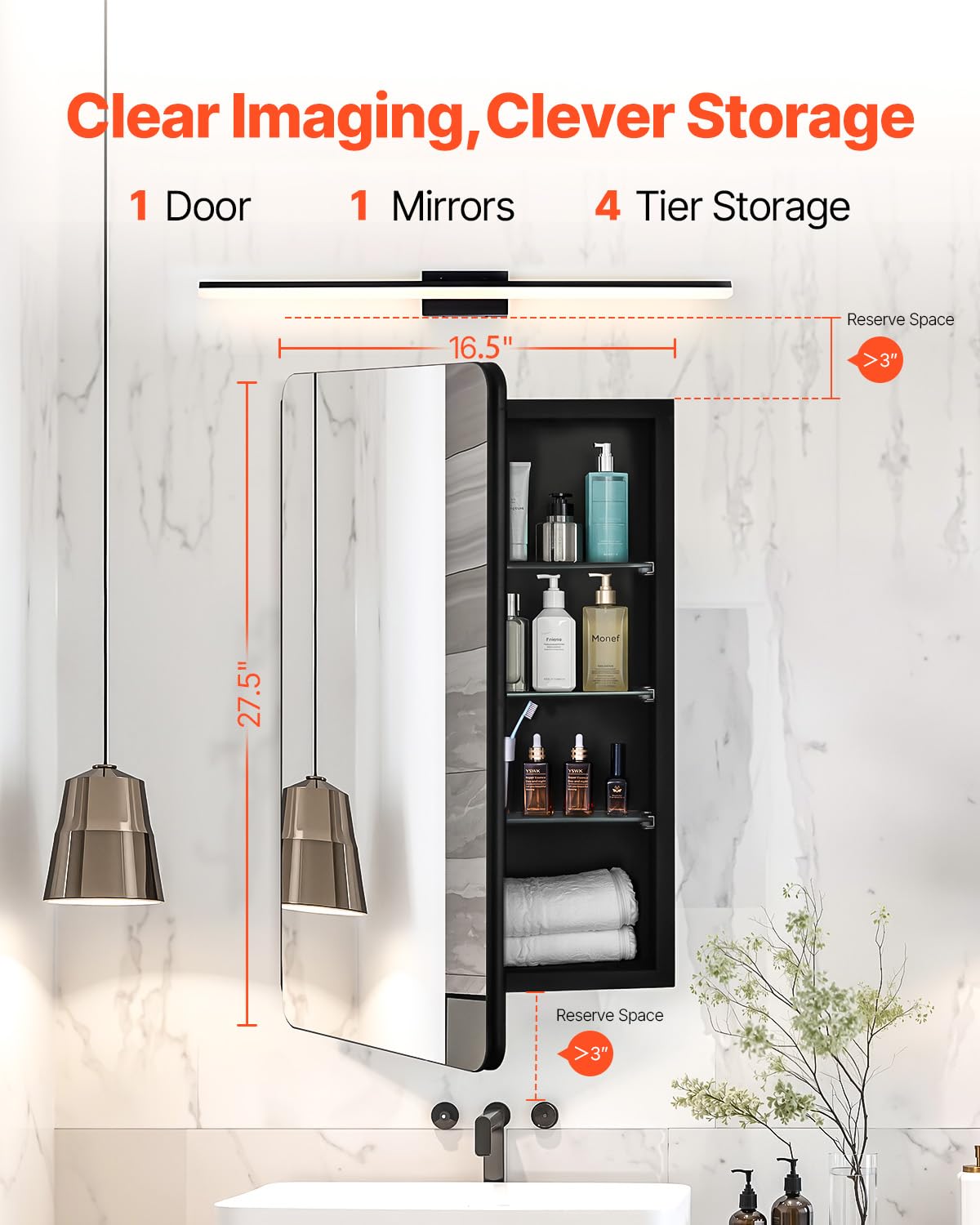 VEVOR Medicine Cabinet, 16.5 x 27.5 inch, for Bathroom with Mirror, Aluminum Frame Bathroom Wall Cabinet, 3-layer Adjustable Shelves