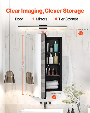 VEVOR Medicine Cabinet, 16.5 x 27.5 inch, for Bathroom with Mirror, Aluminum Frame Bathroom Wall Cabinet, 3-layer Adjustable Shelves