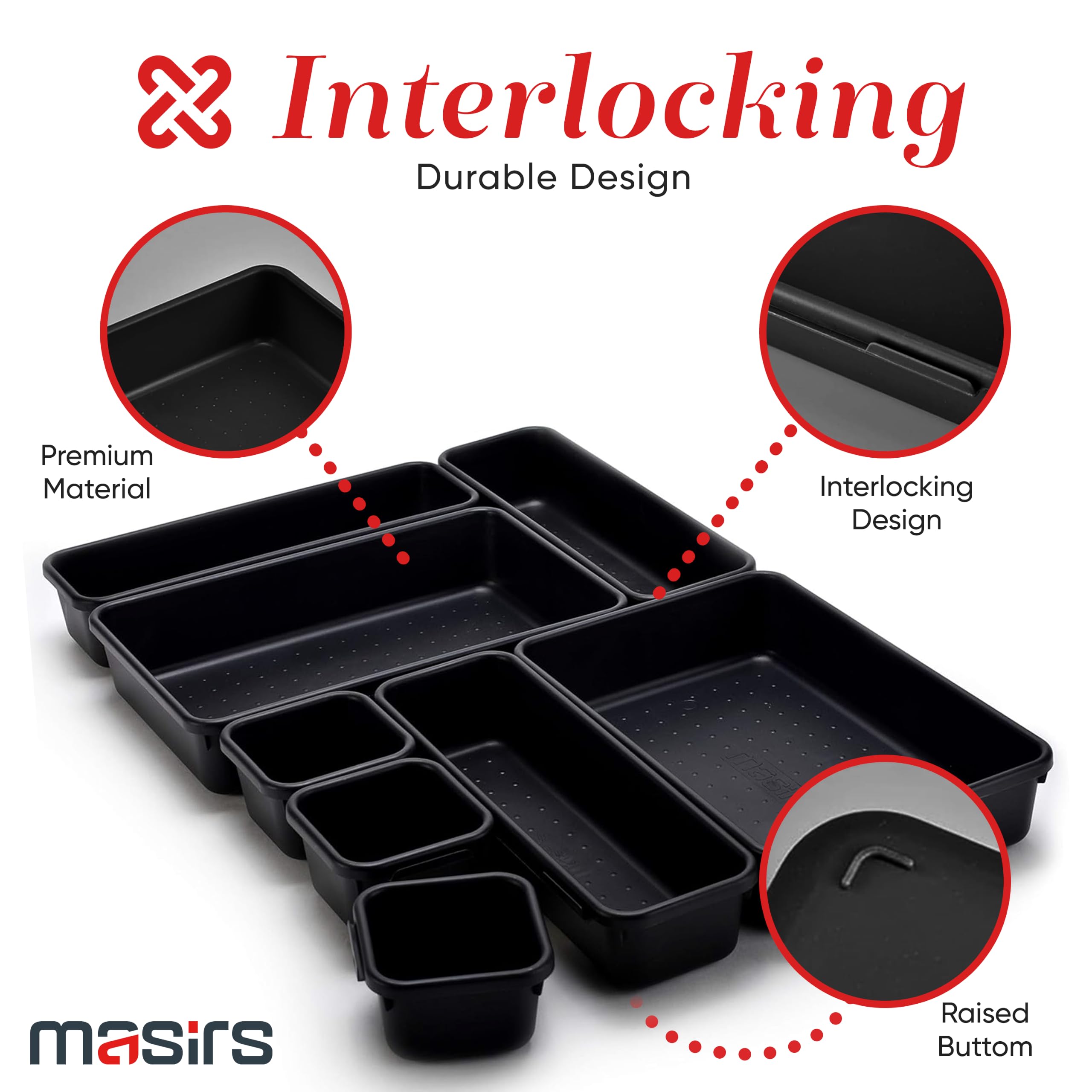 Masirs Interlocking Drawer Organizer Bins, Durable Plastic, Various Sizes for Custom Layout Design, Great for Desk Drawer