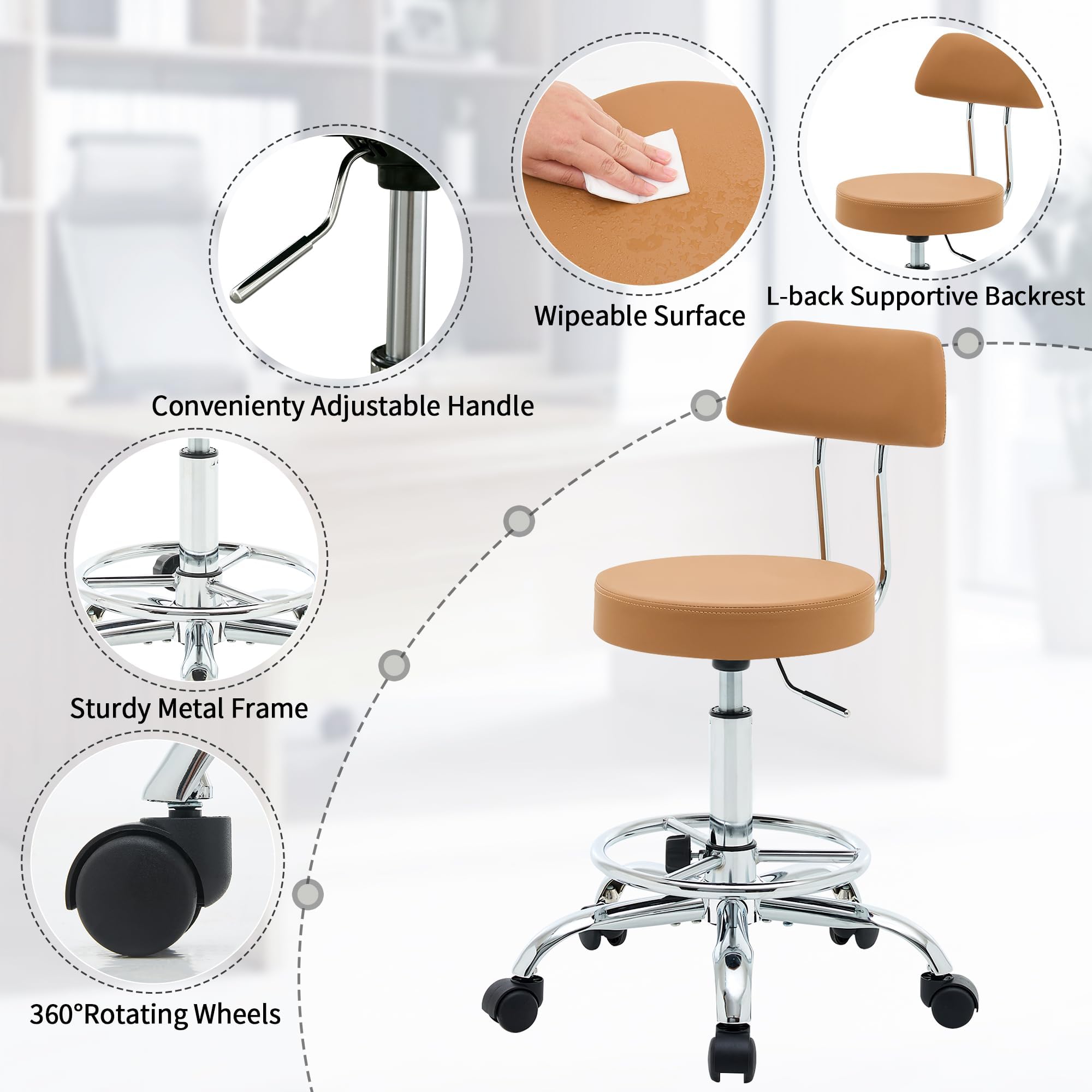 FIRAVOE Ergonomic Rolling Office Stool Chair with Backrest, Swivel Armless Desk Chair with Adjustable Footrest
