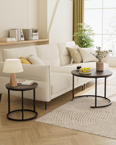 HEYZOEY Round Coffee Tables, Removable Set of 2 End Table, Nesting Tables with Black Metal Frame Legs and Wooden Grey Top for Living Room, Bedroom