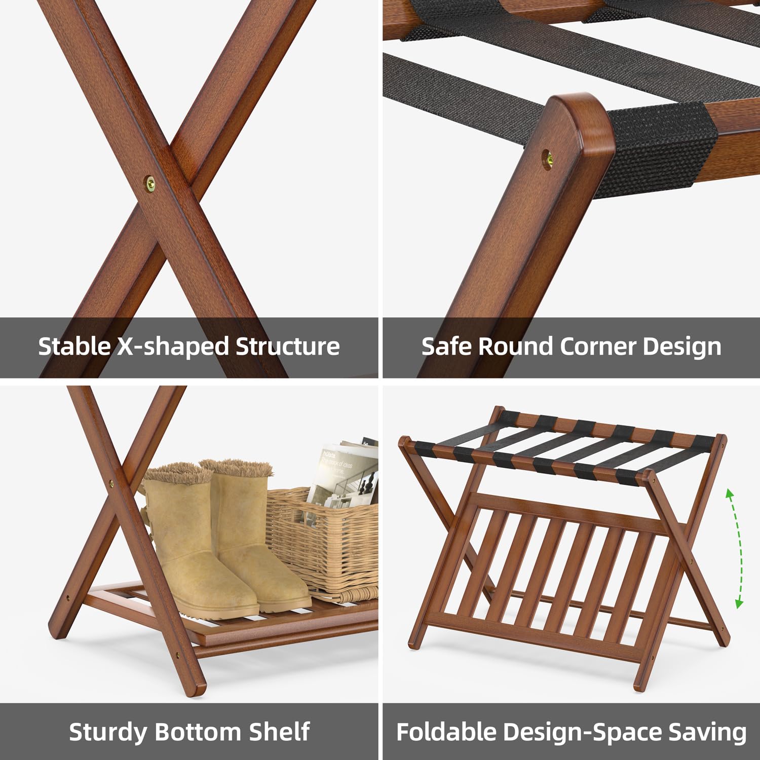 BAMBOOHOMIE Bamboo Luggage Rack for Guest Room, 26.77" Folding Wide Suitcase Stand with Storage Shelf
