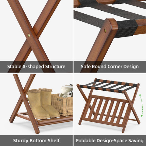 BAMBOOHOMIE Bamboo Luggage Rack for Guest Room, 26.77" Folding Wide Suitcase Stand with Storage Shelf