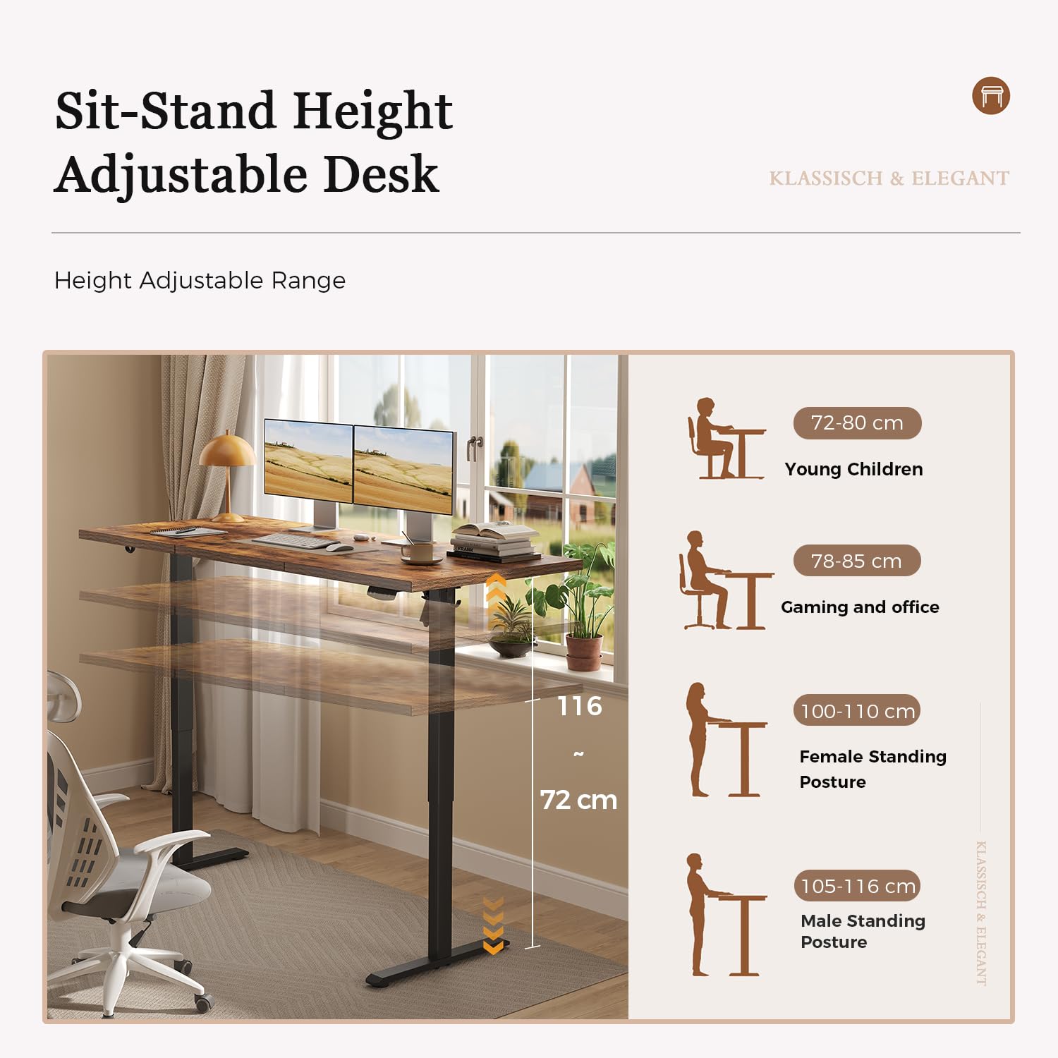 Klicelor Electric Standing Desk, 2 Memory Buttons for stand & sit, 130x60