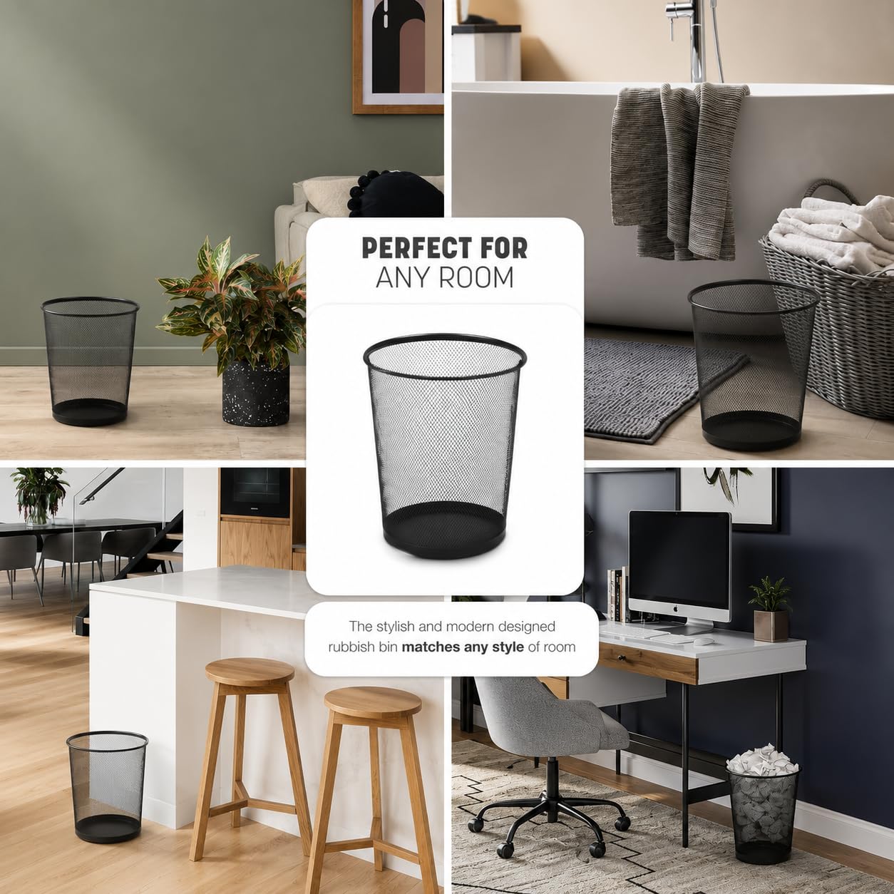 KEPLIN Round Trash Can Bin - 1 Pack Charcoal Black Non-slip Mesh Bins | Waste Paper Bin | Sturdy Metal Bin Indoor Waste Bin for Home, Bedroom, Office