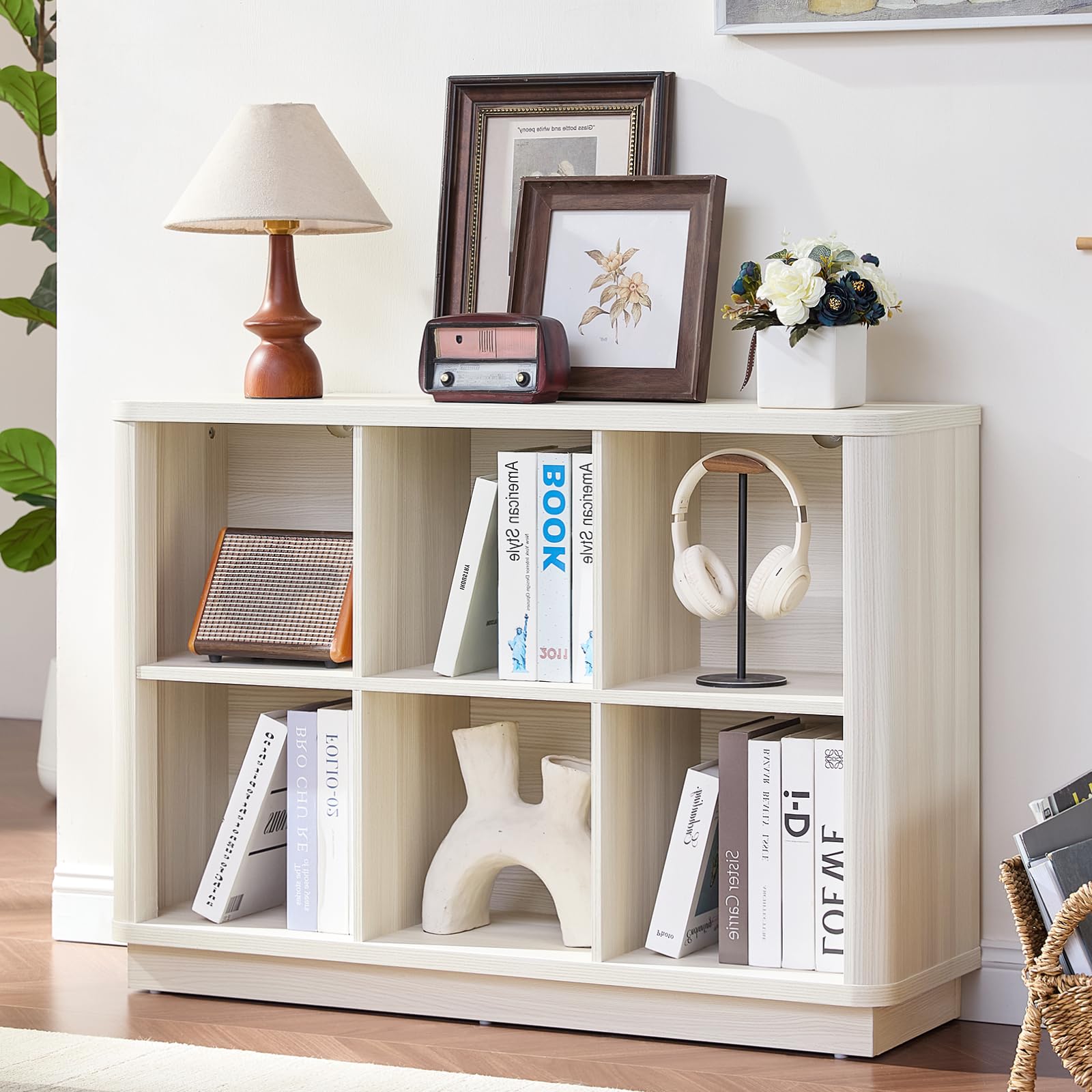 LELELINKY 6 Cube Storage Bookcase, 40" Wide Wooden Book Shelf with Thickened Base, Freestanding 2-Tier Open Book Case Unit with Curved Edge