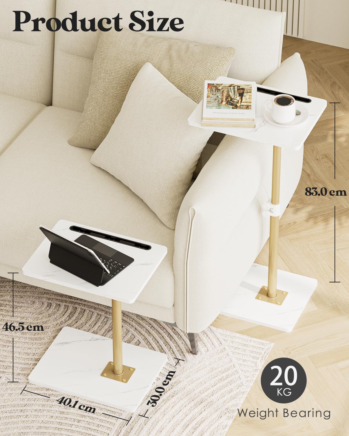 Apetaccat Side Table, C-Shaped Adjustable Sofa Table, 360°Swivel Coffee Tables,40x30x(45-83) cm,Small End Tables Bedside for Living Room
