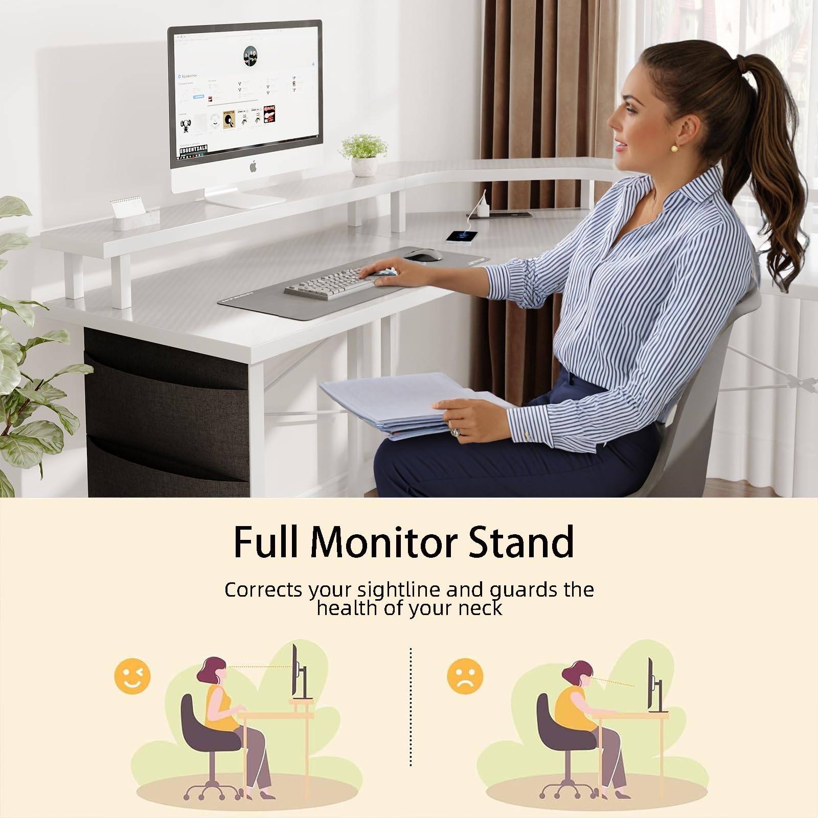 CAIYUN Computer Desk with Power Outlets & LED Strip,50.8" Reversible L Shaped Desk with Monitor Stand & Storage Bag
