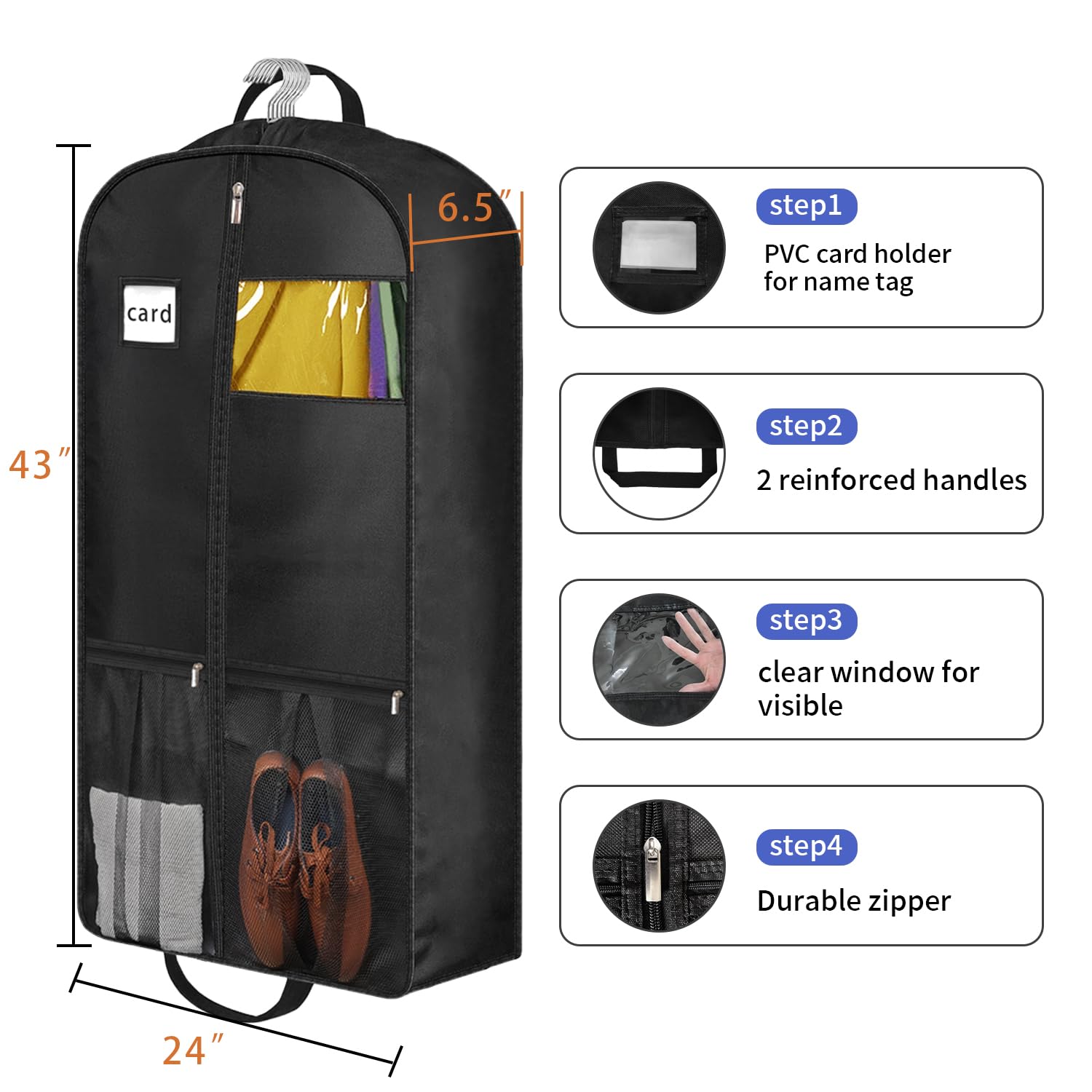 8" Gusseted Heavy Duty Garment Bags for Travel 43" Suit Bags for Closet Storage Hanging Clothes Bag with Pockets Mens Suit Holder for Shirts, Coats