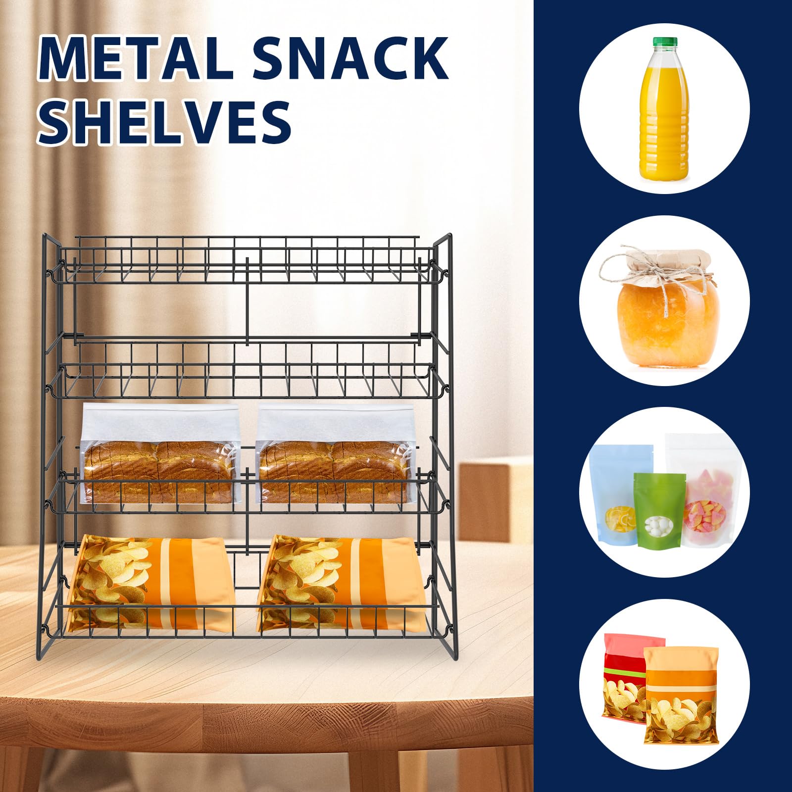 4 Tier Candy Display Rack, Metal Snack Rack Display Stand, Countertop Organiser Shelf for Packaged Crisps & Fruits