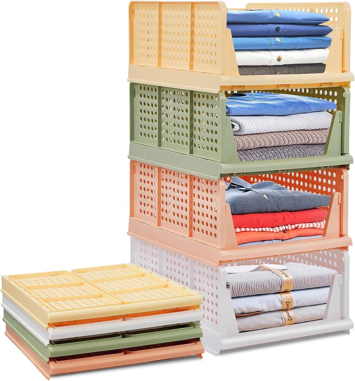 Set of 4 Stackable Foldable Wardrobe Storage Box Organizer (Easy Open and Folding), Plastic Cabinet Basket Shelves Closet Organiser Box