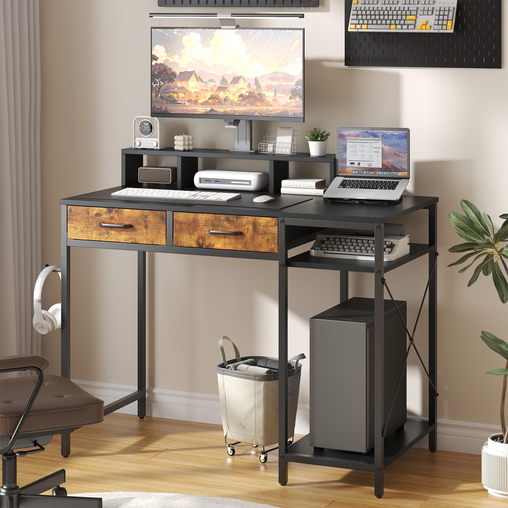Feonase Ergonomic Computer Desk with Monitor Riser, 2 Under-Desk Drawers, CPU Stand & Hook – MDF Desktop for Home Office, Gaming & Study Black