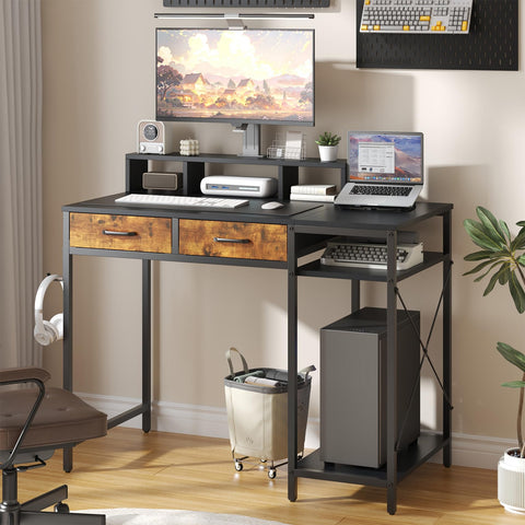 Feonase Ergonomic Computer Desk with Monitor Riser, 2 Under-Desk Drawers, CPU Stand & Hook – MDF Desktop for Home Office, Gaming & Study Black
