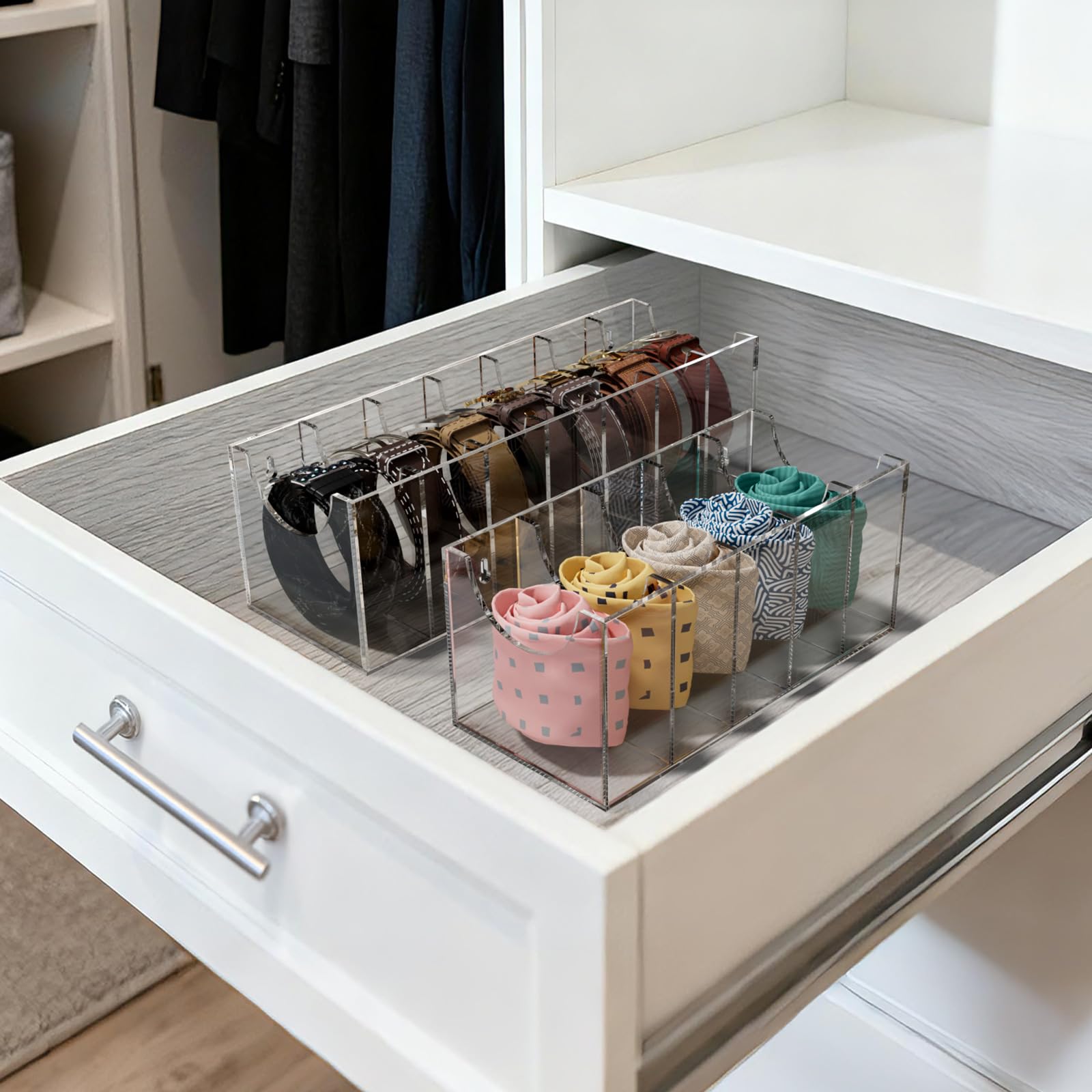 FEMELI Acrylic 7 Compartment Belt Organizer, Clear Belt Display Case for Closet Tie and Bow Tie