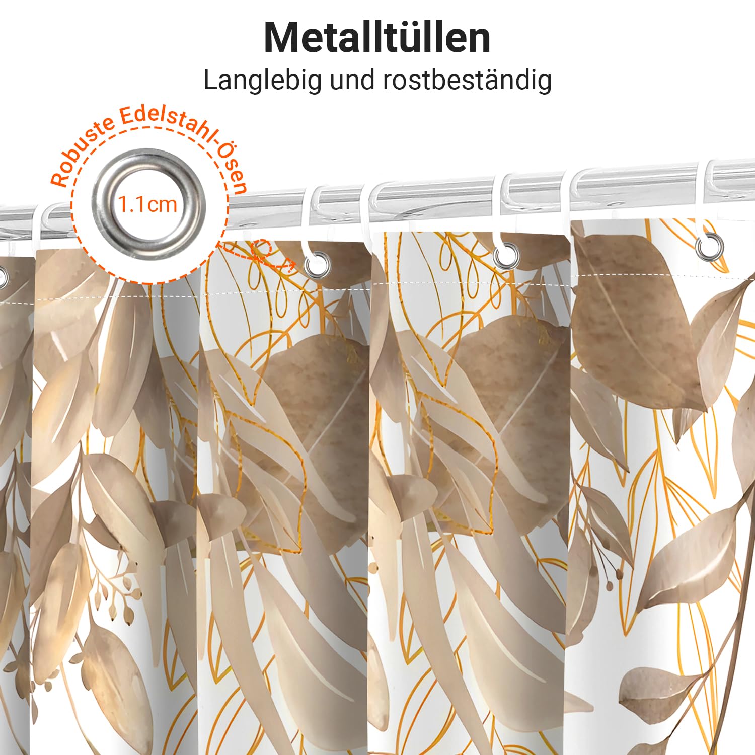Lerores Shower Curtain, 100 x 200 cm, Grey Autumn Leaves, Weighted Hem, Anti-Mould, Water-Repellent