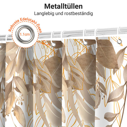 Lerores Shower Curtain, 100 x 200 cm, Grey Autumn Leaves, Weighted Hem, Anti-Mould, Water-Repellent