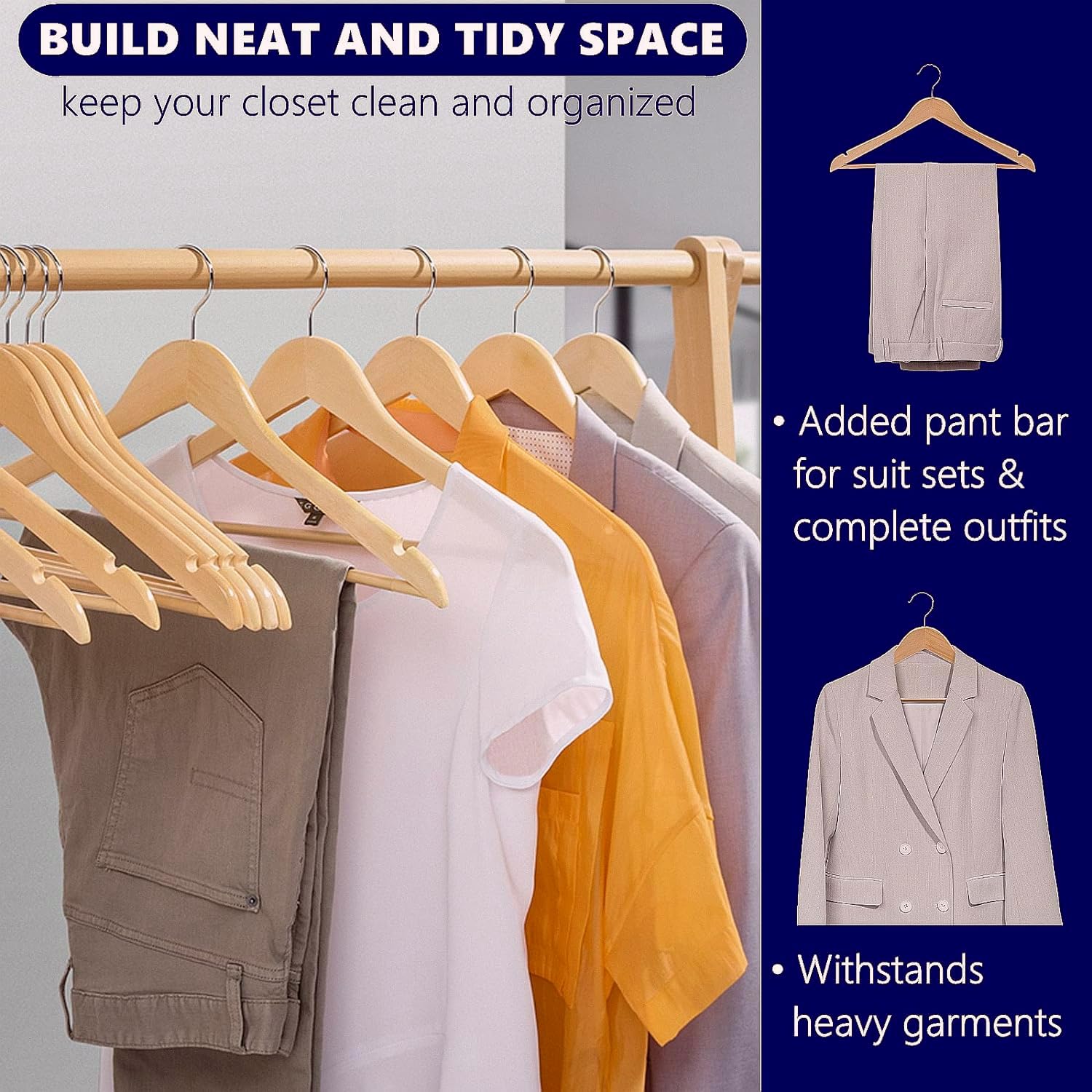 Amber Home 20pcs Wooden Coat Hangers, Wood Suit Hangers, Natural