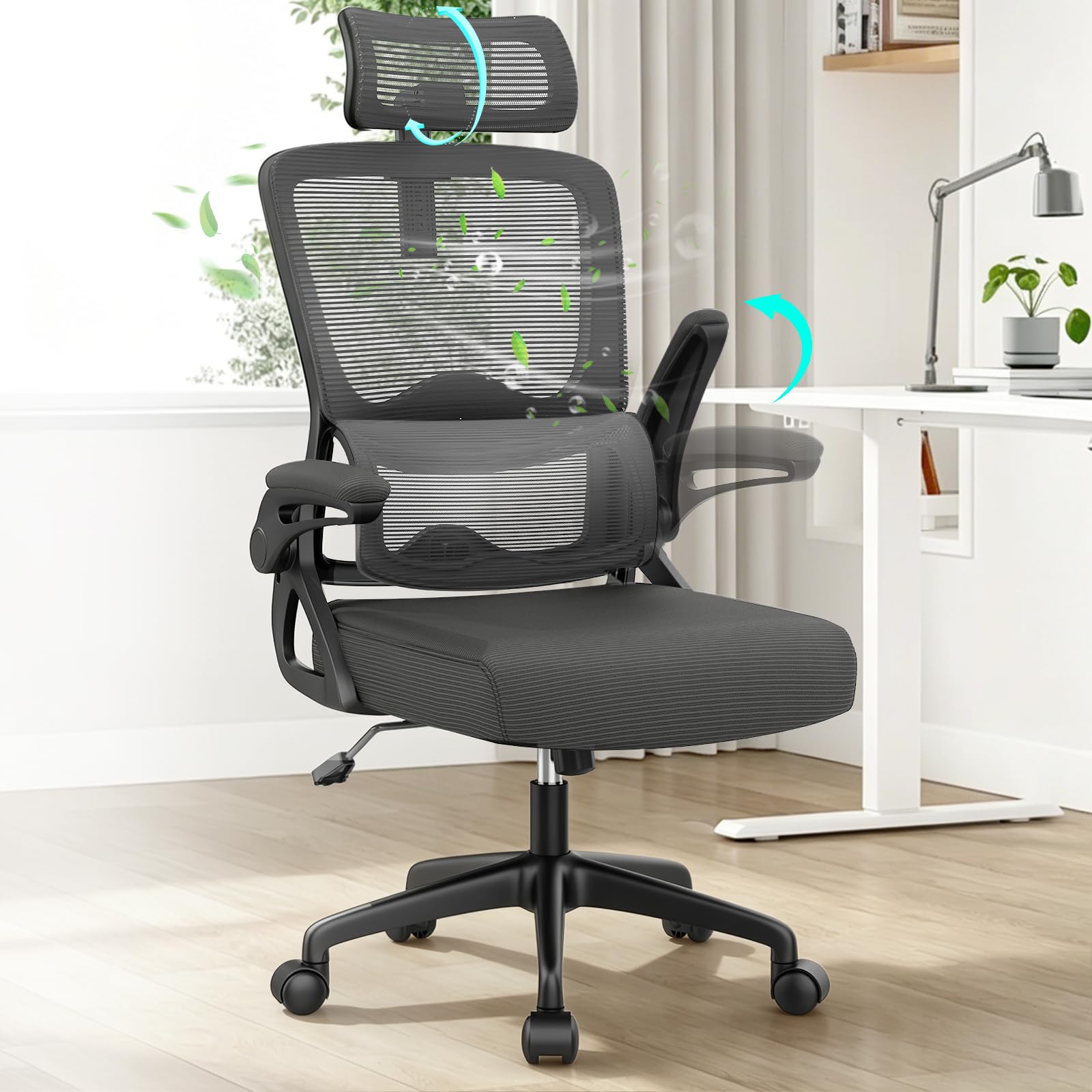 YONISEE Office Chair, Ergonomic Desk Chair -Dual Backrest Design with 2D Lumbar Support & Adjustable Headrest. Swivel Computer Chair with Flip-up