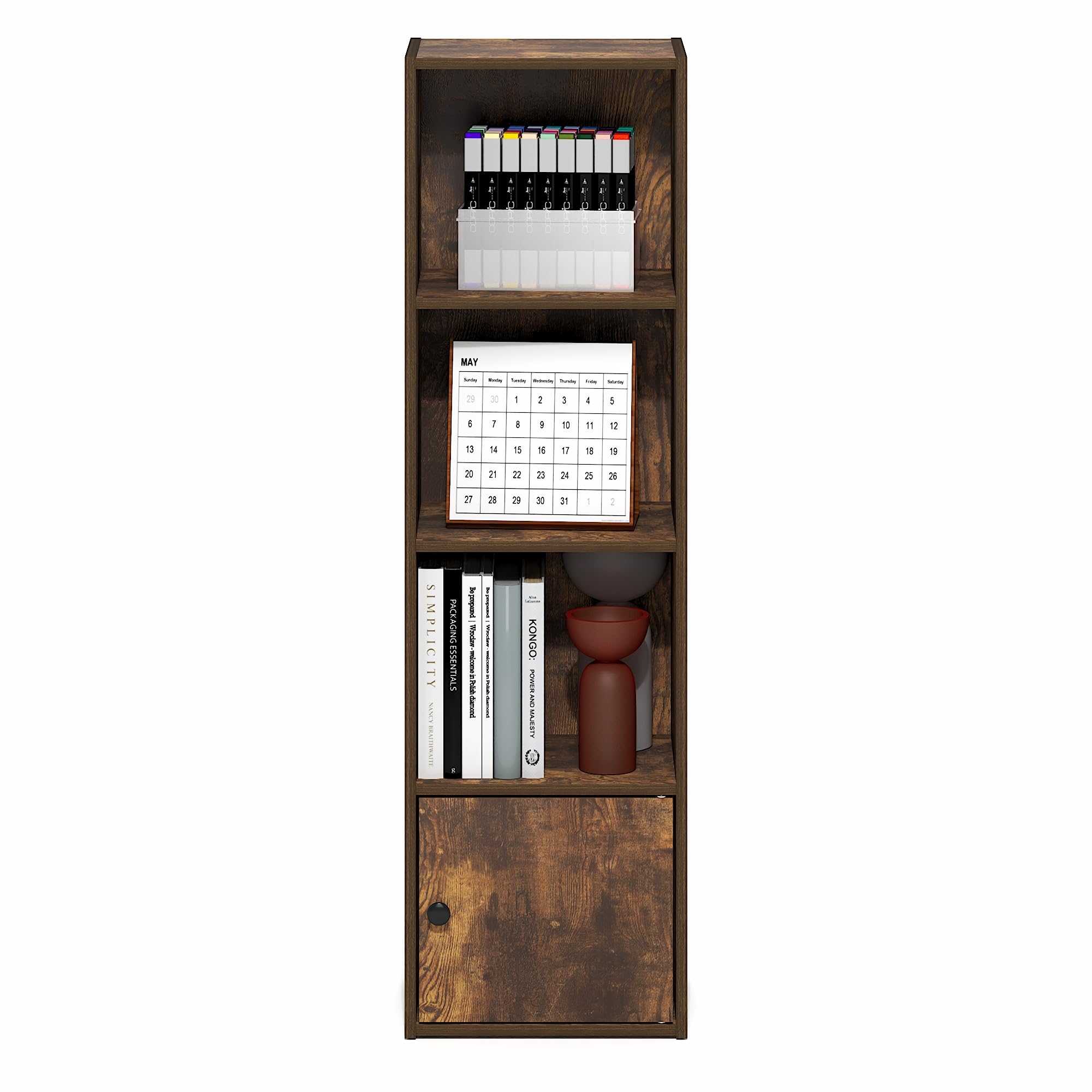 Furinno LUDER 4-Tier Bookshelf with Open Shelf, Standing Bookcase with 1 Door Cabinet, 23.6 x 30.5 x 106.2 cm, for Organization and Storage