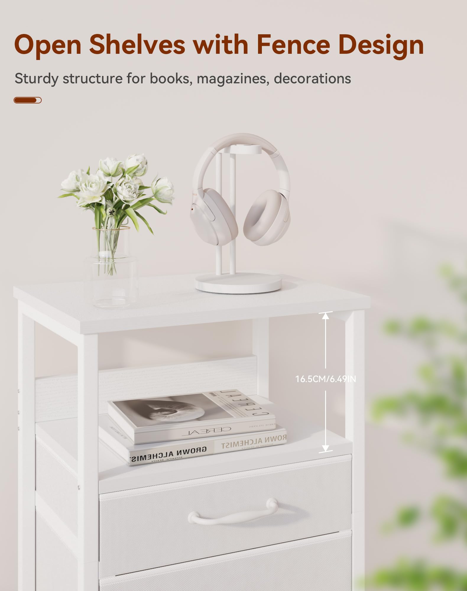 YMYNY White Bedside Table, Bedroom Bedside Cabinet with 2 Fabric Drawers, Open Shelf Unit, Metal Frame, Modern, Nightstand, End Table